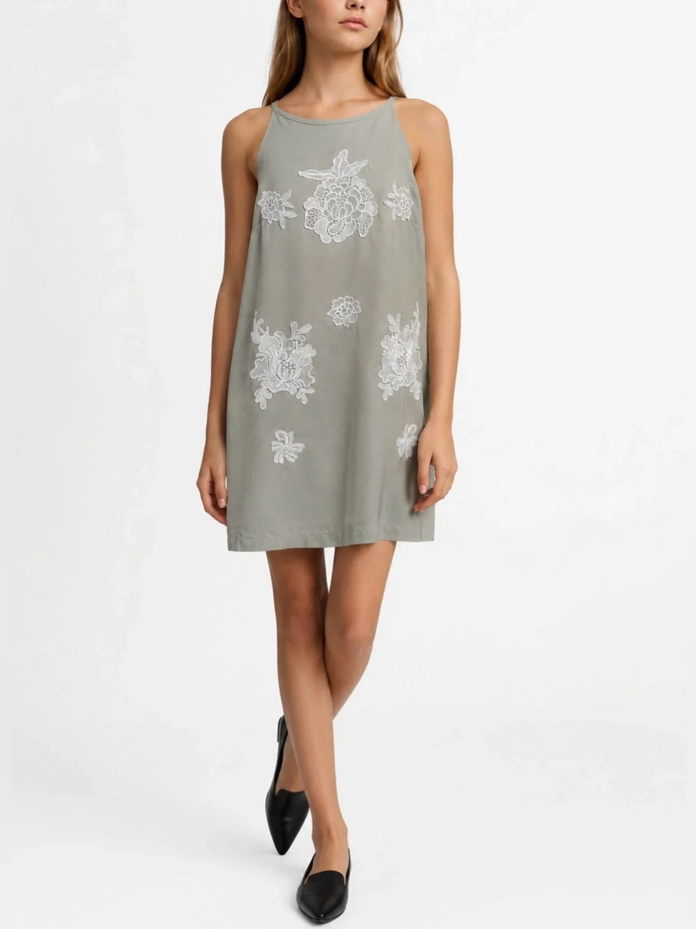 Victoria Beckham for Target Floral Appliqué Shift Dress L 10-12 Gray Sleeveless